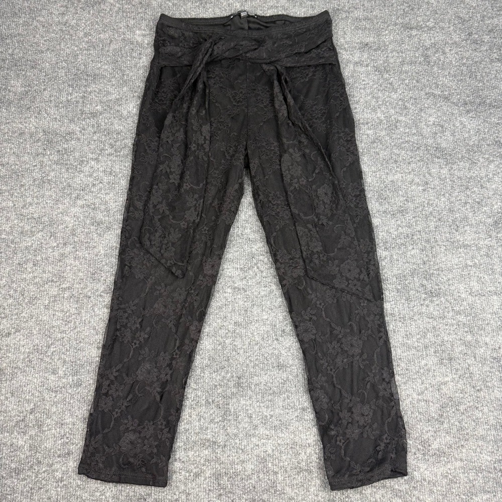 Black Floral Lace Overlay Waist Tie Elastic Capri Pants Cute Women Size Small